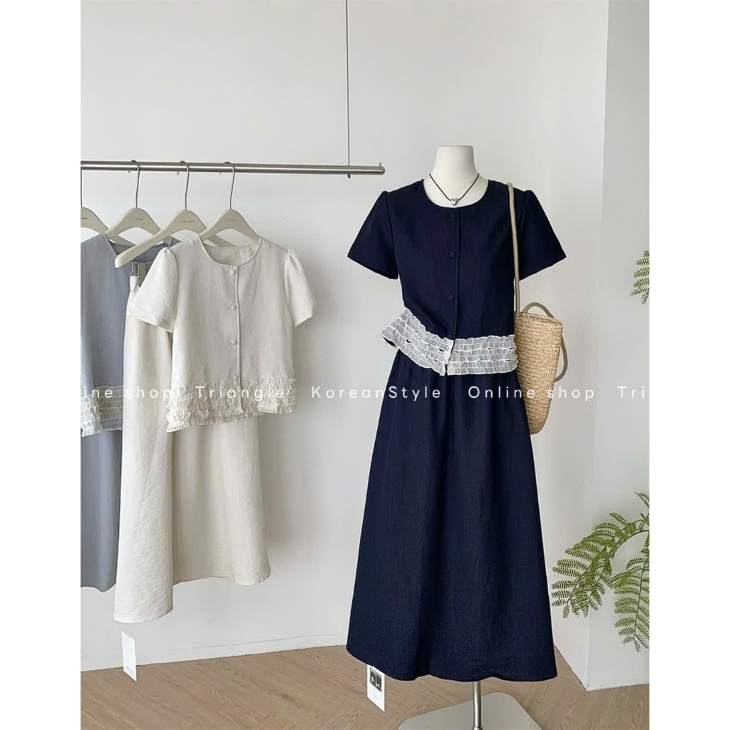 TRIANGLE - Blue Set (Cân nhắc kỹ, return is not welcomed) - Set áo ngăn tay mix chân váy xòe midi phối bèo ren