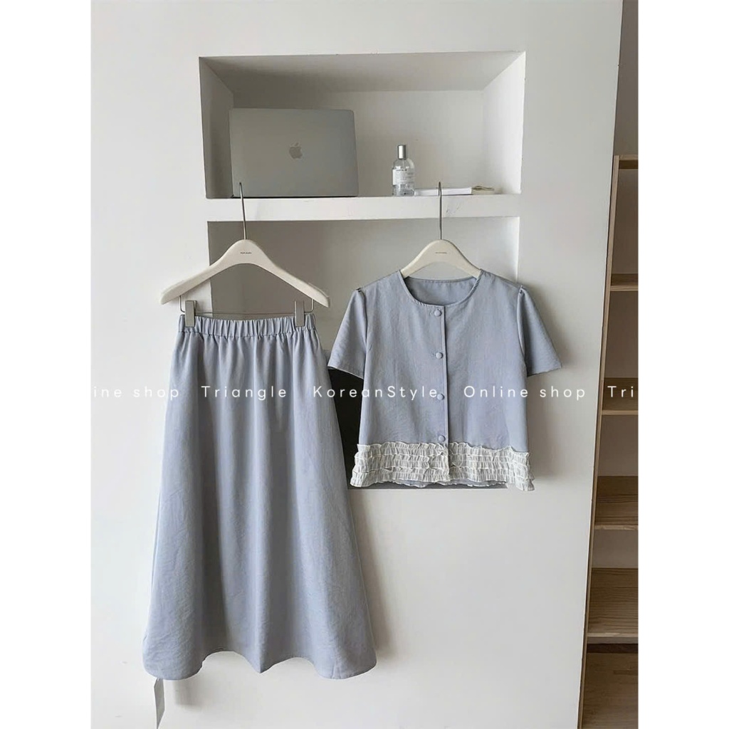 TRIANGLE - Blue Set (Cân nhắc kỹ, return is not welcomed) - Set áo ngăn tay mix chân váy xòe midi phối bèo ren
