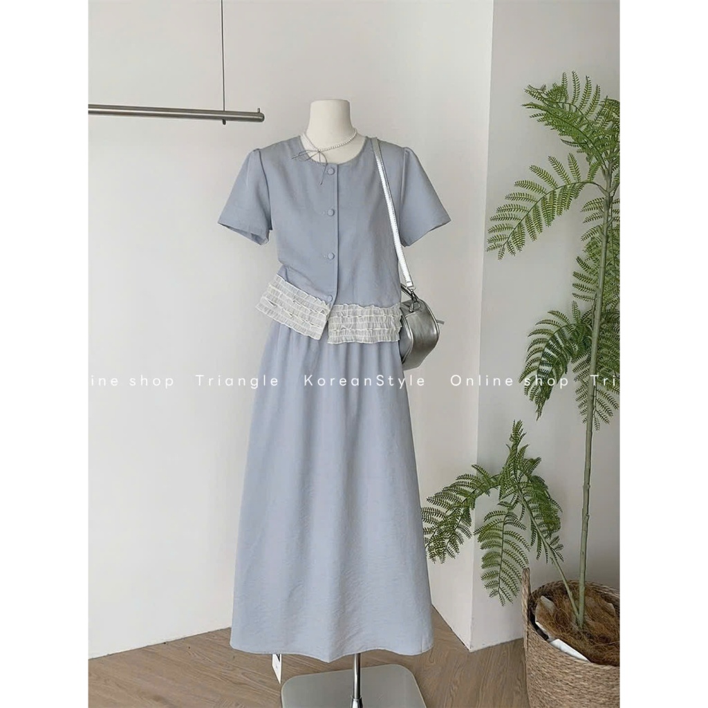TRIANGLE - Blue Set (Cân nhắc kỹ, return is not welcomed) - Set áo ngăn tay mix chân váy xòe midi phối bèo ren