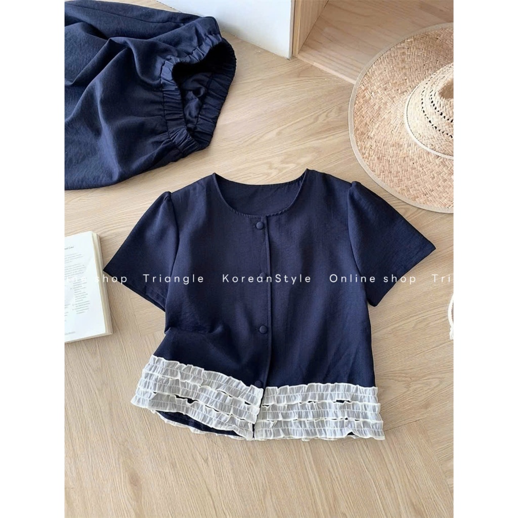 TRIANGLE - Blue Set (Cân nhắc kỹ, return is not welcomed) - Set áo ngăn tay mix chân váy xòe midi phối bèo ren