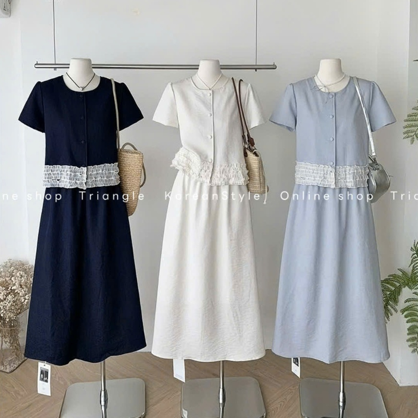 TRIANGLE - Blue Set (Cân nhắc kỹ, return is not welcomed) - Set áo ngăn tay mix chân váy xòe midi phối bèo ren