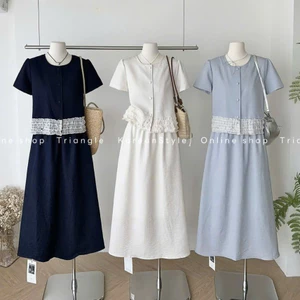 TRIANGLE - Blue Set (Cân nhắc kỹ, return is not welcomed) - Set áo ngăn tay mix chân váy xòe midi phối bèo ren