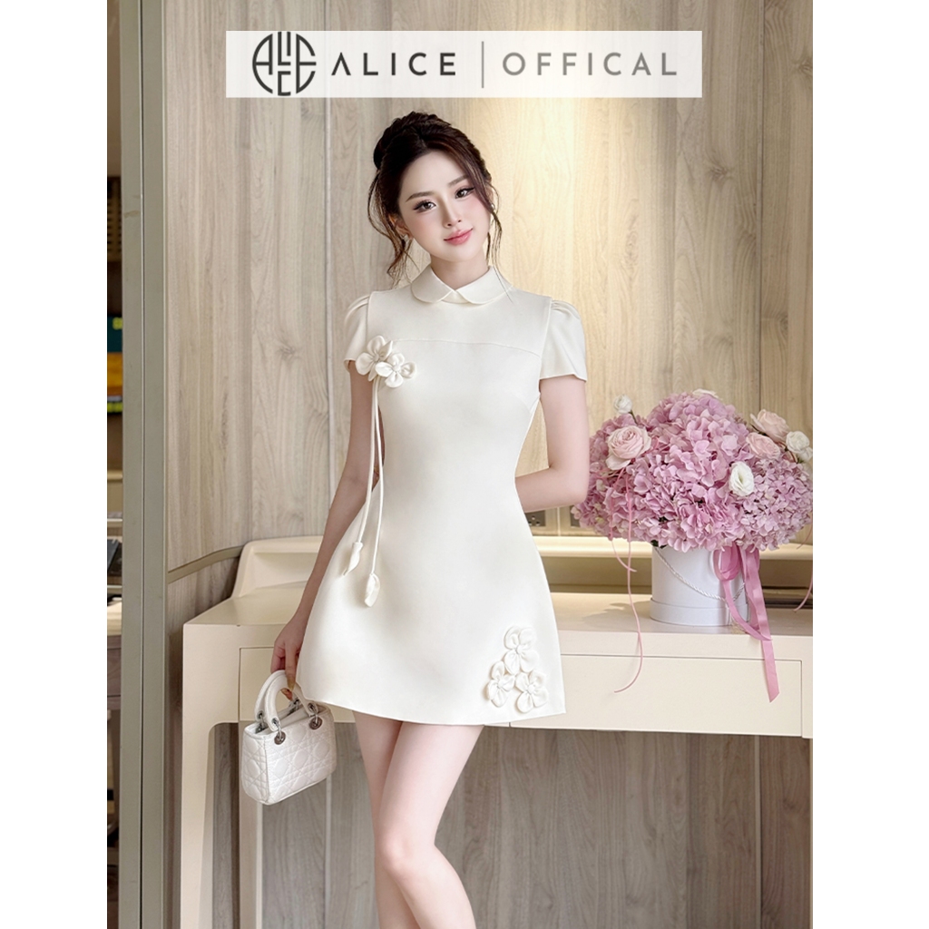 Váy Tiểu Thư Cao Cấp Alice Chất Chéo Rubi Lót Lụa, Đầm Ngắn Liền Chữ A Cổ Trụ Phối Bo Tròn Đính Hoa Nổi V1405