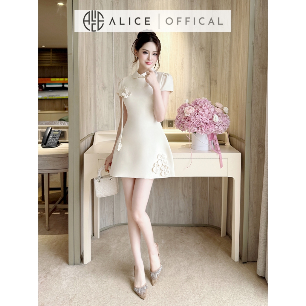 Váy Tiểu Thư Cao Cấp Alice Chất Chéo Rubi Lót Lụa, Đầm Ngắn Liền Chữ A Cổ Trụ Phối Bo Tròn Đính Hoa Nổi V1405