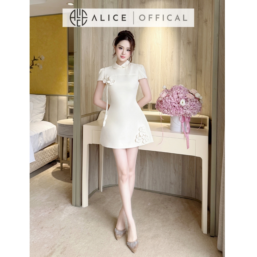 Váy Tiểu Thư Cao Cấp Alice Chất Chéo Rubi Lót Lụa, Đầm Ngắn Liền Chữ A Cổ Trụ Phối Bo Tròn Đính Hoa Nổi V1405