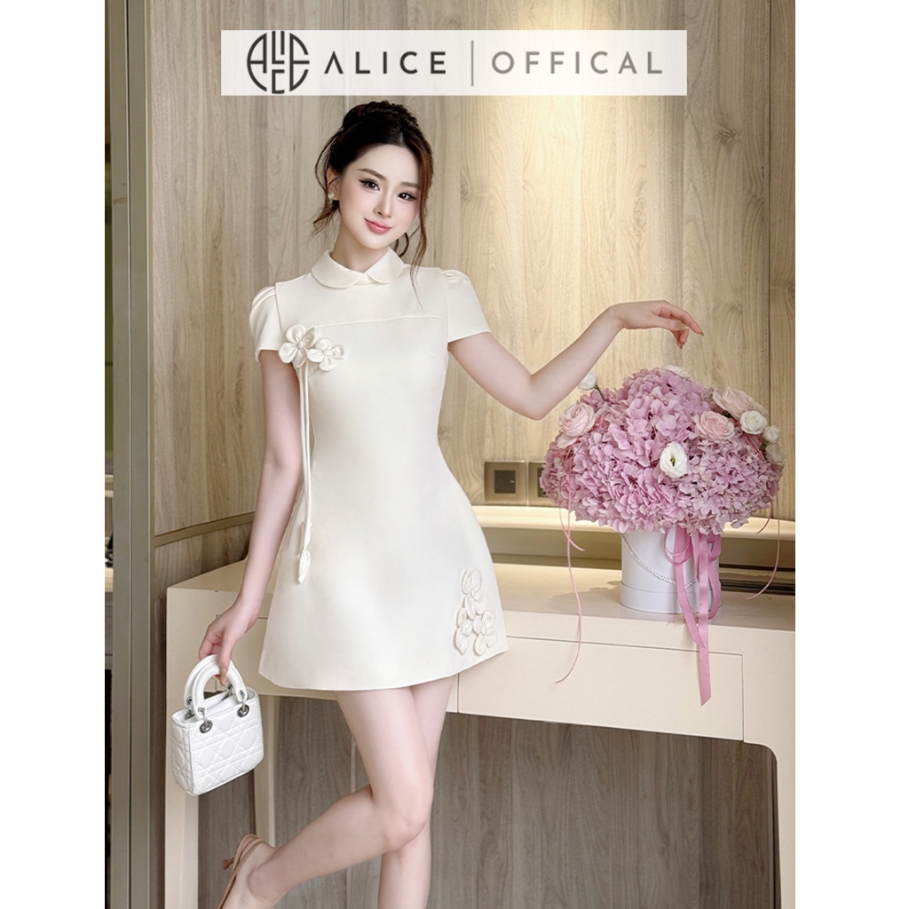 Váy Tiểu Thư Cao Cấp Alice Chất Chéo Rubi Lót Lụa, Đầm Ngắn Liền Chữ A Cổ Trụ Phối Bo Tròn Đính Hoa Nổi V1405