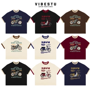 Áo Thun Phối Tay Local Brand VIBESTU " Motobike ", Áo Thun Boxy Form Rộng Unisex 250Gsm 100% Cotton