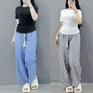 Set Đồ Bigsize Nữ Áo Mặc Với Quần Ống Rộng Kẻ Sọc Co Giãn Lưng Thun Co Giãn SET(G244+Q560)