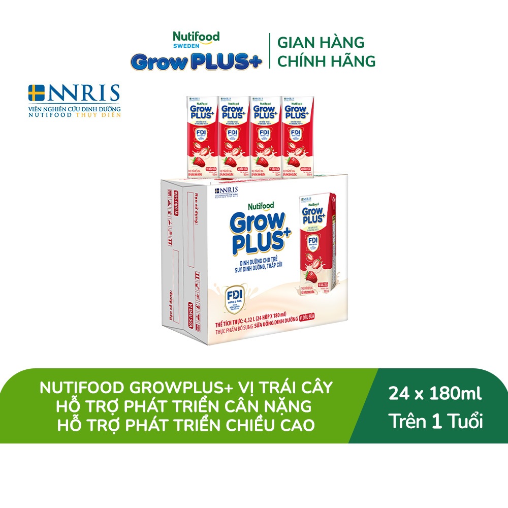 [Livestream BeyondK] Thùng 24 hộp Sữa bột pha sẵn Nutifood GrowPLUS+ Vị Dâu Sữa hộp 180ml - Trên 1 tuổi (24 hộp x 180ml)