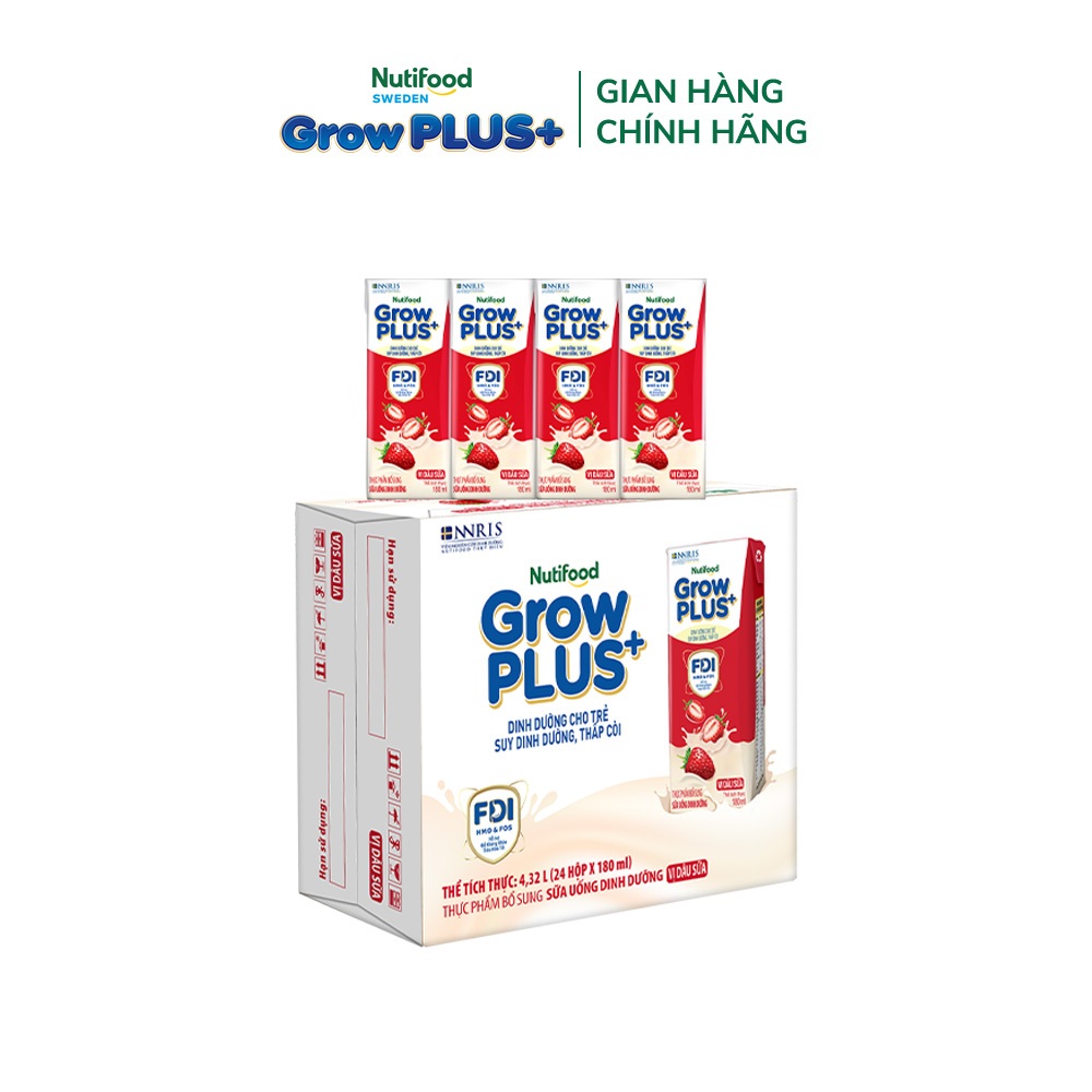 [Livestream BeyondK] Thùng 24 hộp Sữa bột pha sẵn Nutifood GrowPLUS+ Vị Dâu Sữa hộp 180ml - Trên 1 tuổi (24 hộp x 180ml)