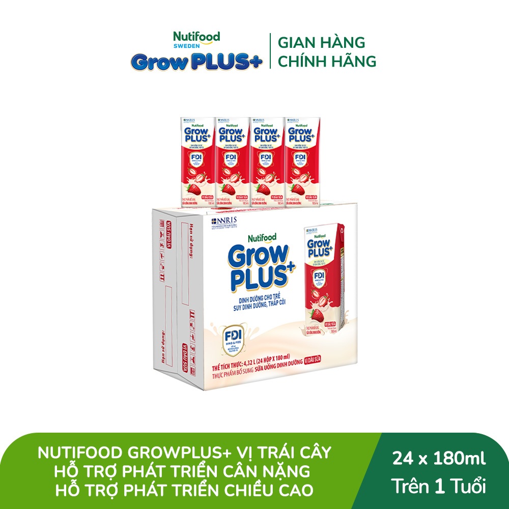 [Livestream BeyondK] Thùng 24 hộp Sữa bột pha sẵn Nutifood GrowPLUS+ Vị Dâu Sữa hộp 180ml - Trên 1 tuổi (24 hộp x 180ml)