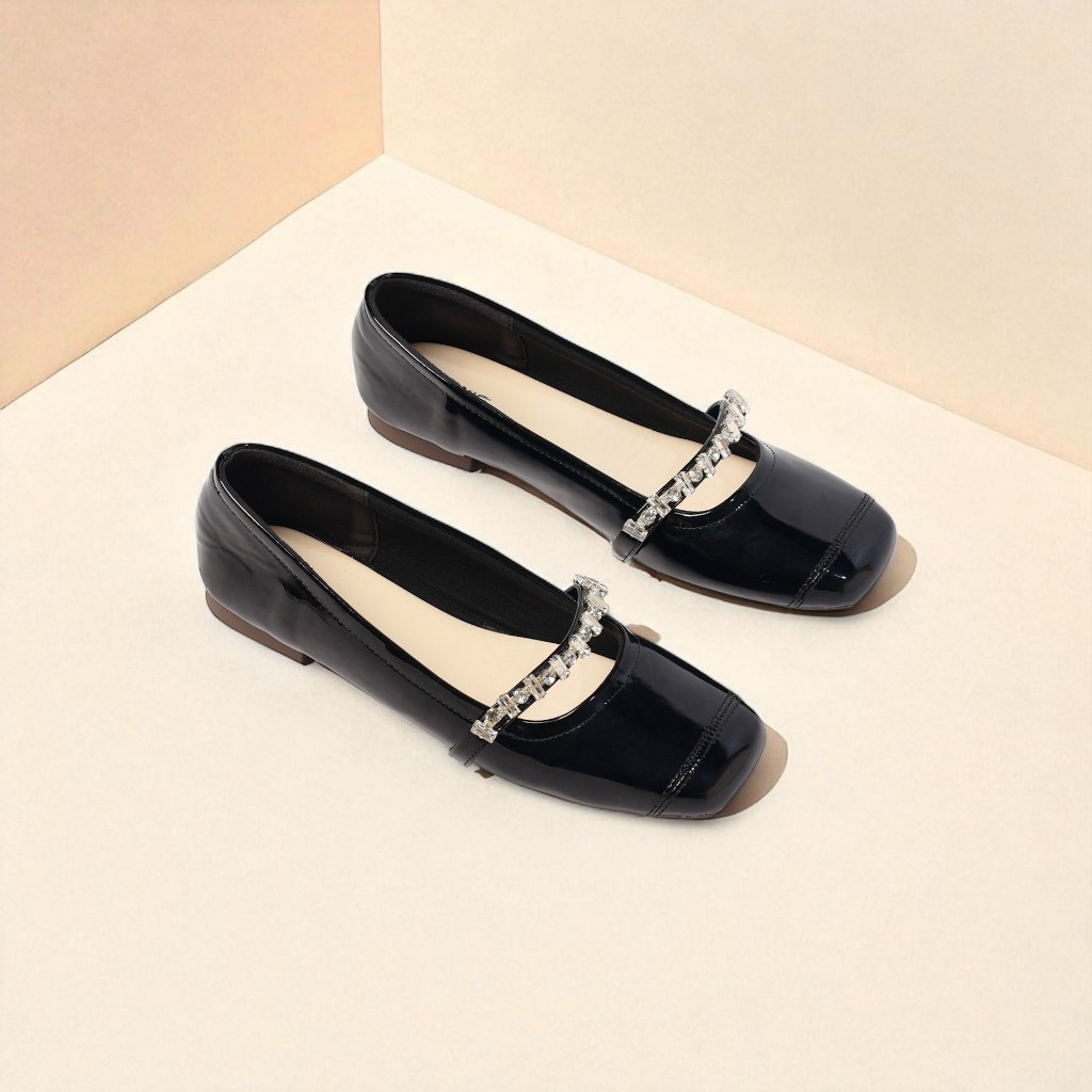 Giày Búp Bê Nữ Đế Bệt Quai Ngang Đính Đá Da Bóng Thời Trang Pixie H397