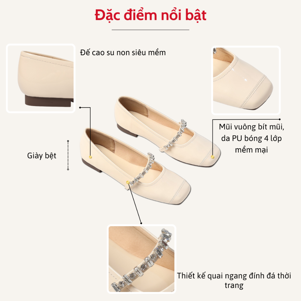 Giày Búp Bê Nữ Đế Bệt Quai Ngang Đính Đá Da Bóng Thời Trang Pixie H397