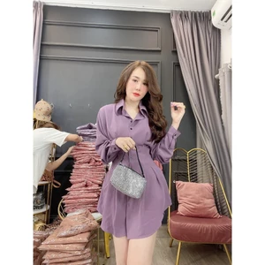 Set đồ nữ thời trang phong cách Hàn Quốc gồm áo sơ mi dài tay phối quần ngắn lụa mango cao cấp