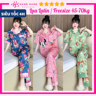 Đồ ngủ nữ bigsize 45-70kg, pijama dài cộc chạy viền kèm cột tóc lụa latin mịn mát 70CD01, đồ bộ nữ đồ mặc nhà dễ thương