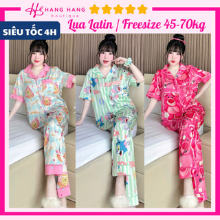 Đồ ngủ nữ bigsize 45-70kg, pijama dài cộc chạy viền kèm cột tóc lụa latin mịn mát 70CD01, đồ bộ nữ đồ mặc nhà dễ thương