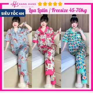 Đồ ngủ nữ bigsize 45-70kg, pijama dài cộc chạy viền kèm cột tóc lụa latin mịn mát 70CD01, đồ bộ nữ đồ mặc nhà dễ thương