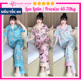 Đồ ngủ nữ bigsize 45-70kg, pijama dài cộc chạy viền kèm cột tóc lụa latin mịn mát 70CD01, đồ bộ nữ đồ mặc nhà dễ thương