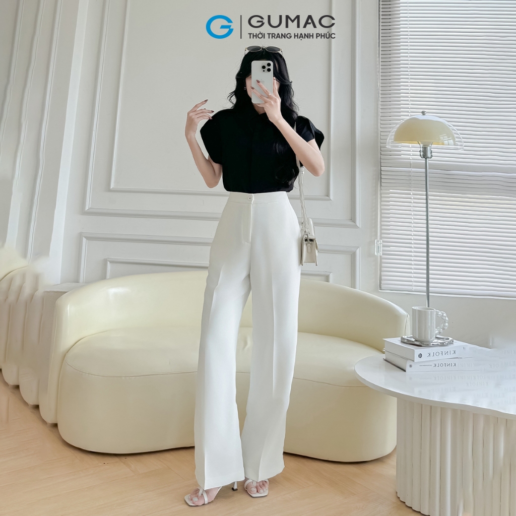 Quần tây nữ GUMAC ống suông màu trắng nút bọc chất liệu cotton silk mềm mịn  QF08032