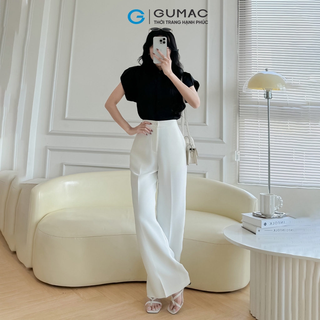 Quần tây nữ GUMAC ống suông màu trắng nút bọc chất liệu cotton silk mềm mịn  QF08032