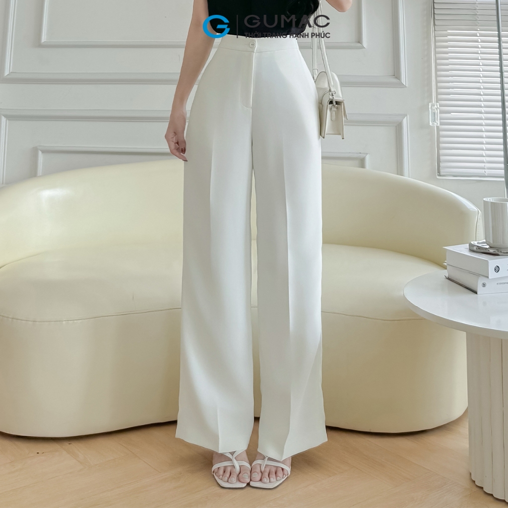 Quần tây nữ GUMAC ống suông màu trắng nút bọc chất liệu cotton silk mềm mịn  QF08032