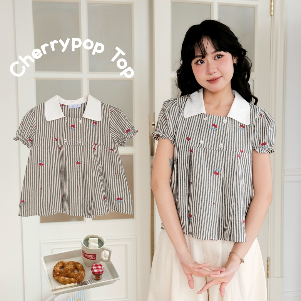 BLEUBIRD Áo vải thô thêu dáng xòe Cherrypop Top