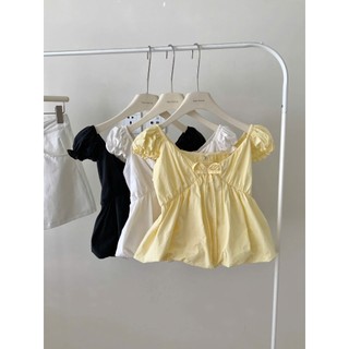 Áo babydoll tay bồng nhún ngực thắt nơ dễ thương Cakecat – Áo kiểu nữ phong cách Hàn Quốc mùa hè