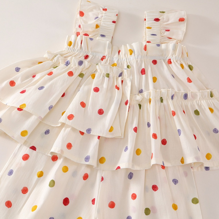 Set Đồ Bộ Bé Gái Chấm Bi, Set Áo 2 Dây Kèm Quần Ống Rộng Siêu Dễ Thương Chất Liệu Cotton Mềm Mịn