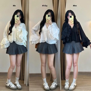 Áo đũi tơ nữ tay dài loe xoè cổ V thanh lịch 247store phong cách vintage Hàn Quốc đi làm đi học AotocoV3501
