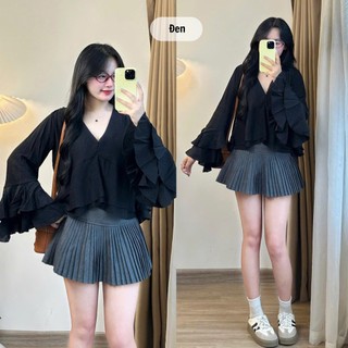 Áo đũi tơ nữ tay dài loe xoè cổ V thanh lịch 247store phong cách vintage Hàn Quốc đi làm đi học AotocoV3501