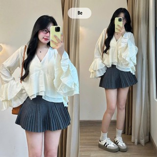 Áo đũi tơ nữ tay dài loe xoè cổ V thanh lịch 247store phong cách vintage Hàn Quốc đi làm đi học AotocoV3501