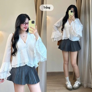 Áo đũi tơ nữ tay dài loe xoè cổ V thanh lịch 247store phong cách vintage Hàn Quốc đi làm đi học AotocoV3501
