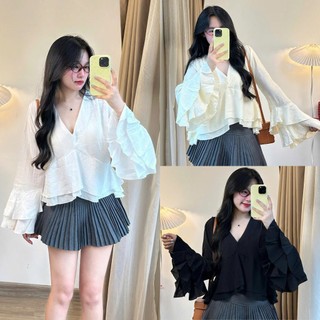 Áo đũi tơ nữ tay dài loe xoè cổ V thanh lịch 247store phong cách vintage Hàn Quốc đi làm đi học AotocoV3501