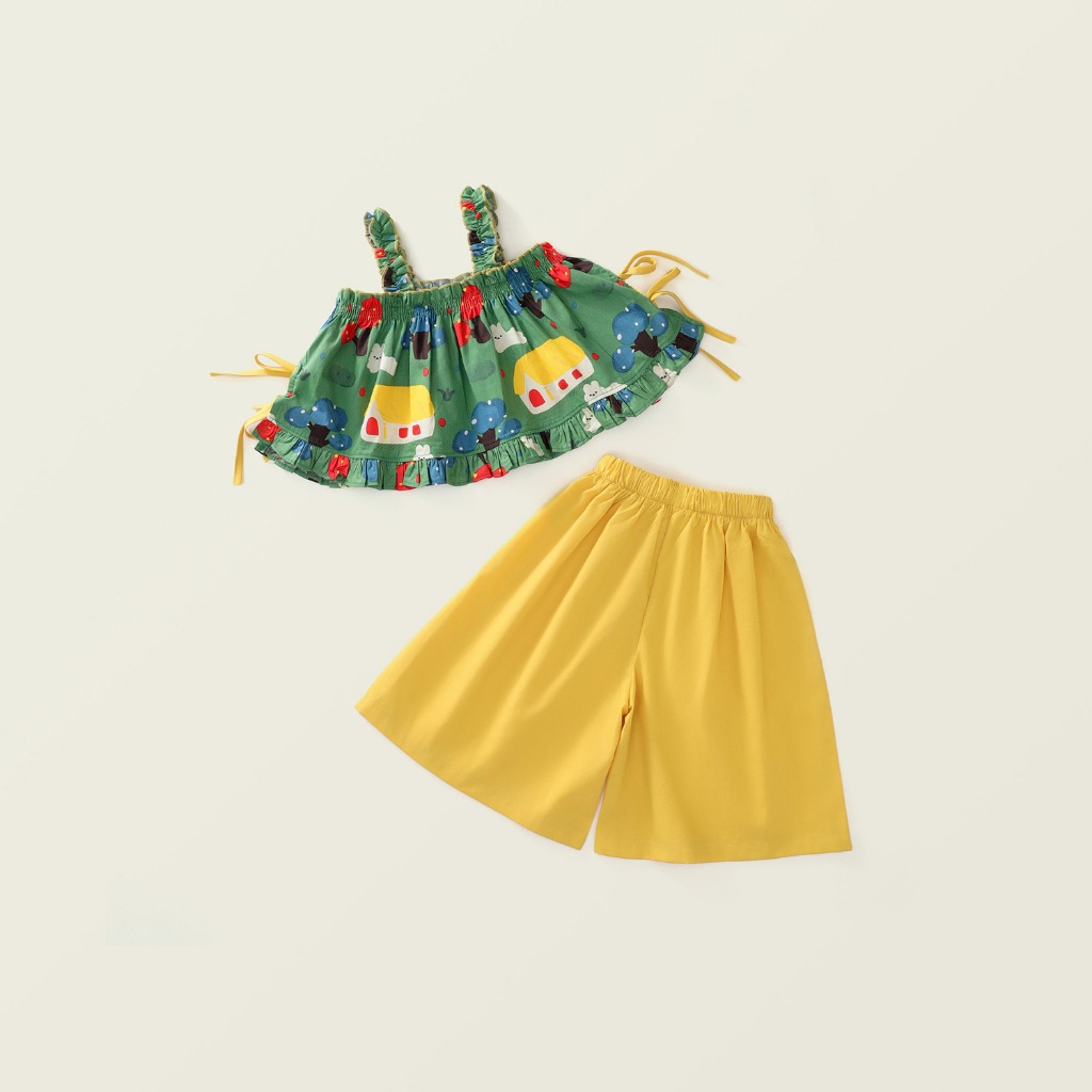 Set Đồ Bé Gái, Set Bộ 2 Dây Cho Bé Gái Áo Bèo Chun Phối Quần Ống Rộng Chất Liệu Mềm Mại