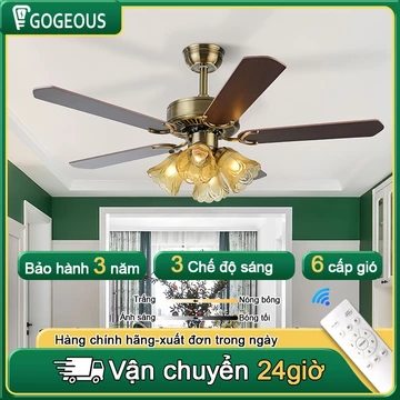 Quạt trần GOGEOUS quạt trần đèn cánh gỗ decor phòng làm việc khách sạn phòng khách có chế độ hẹn giờ
