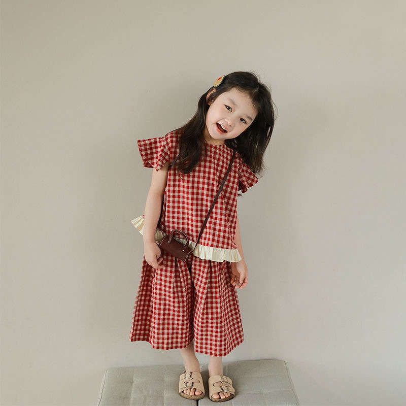 Đồ Bộ Bé Gái, Set Đồ Bộ Caro Cho Bé Gái Thiết Kế Áo Cánh Tiên Phối Cổ Bèo Và Quần Suông
