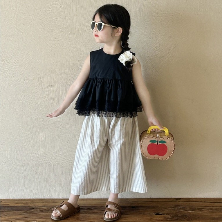 Set Đồ Bé Gái, Set Áo Cho Bé Babydoll Viền Ren Phối Quần Dài Kẻ Suông Sang Chảnh Chất Liệu Thô Mềm