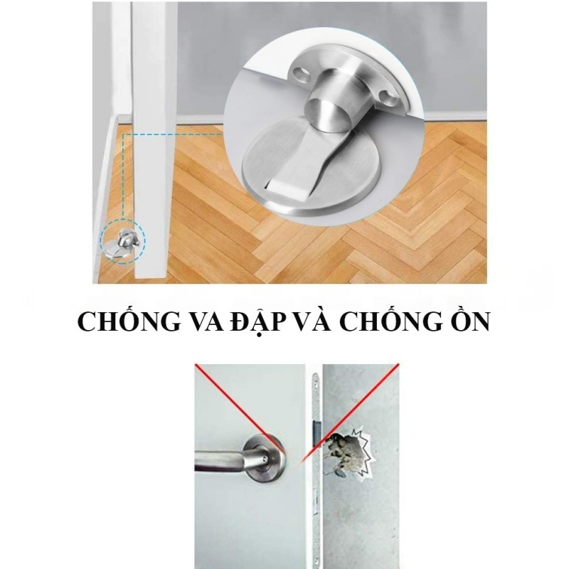 Chặn cửa inox nam châm siêu hít gắn sàn chống va đập thông minh kèm miếng dán tường 3M và ốc vít