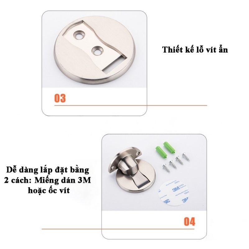 Chặn cửa inox nam châm siêu hít gắn sàn chống va đập thông minh kèm miếng dán tường 3M và ốc vít