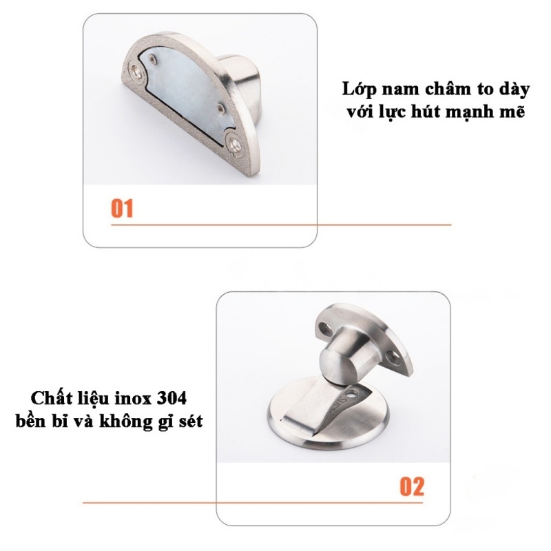 Chặn cửa inox nam châm siêu hít gắn sàn chống va đập thông minh kèm miếng dán tường 3M và ốc vít