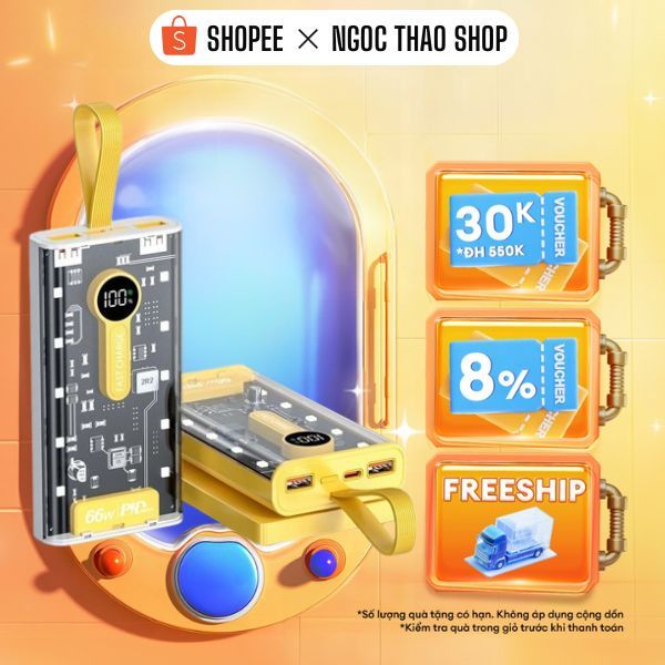 Sạc Dự Phòng Trong Suốt TZ07 Dung Lượng 10000mAh Với 2 Cổng Sạc Nhanh 22.5w và PD 20W Tích Hợp 4 Dây Sạc – Màn Hình LED