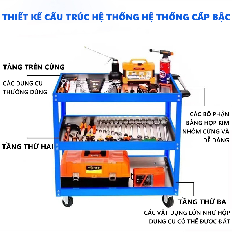 Reaim Xe đẩy 3 tầng dụng cụ có tay cầm và bánh xe xoay Chịu tải nặng Chống gỉ