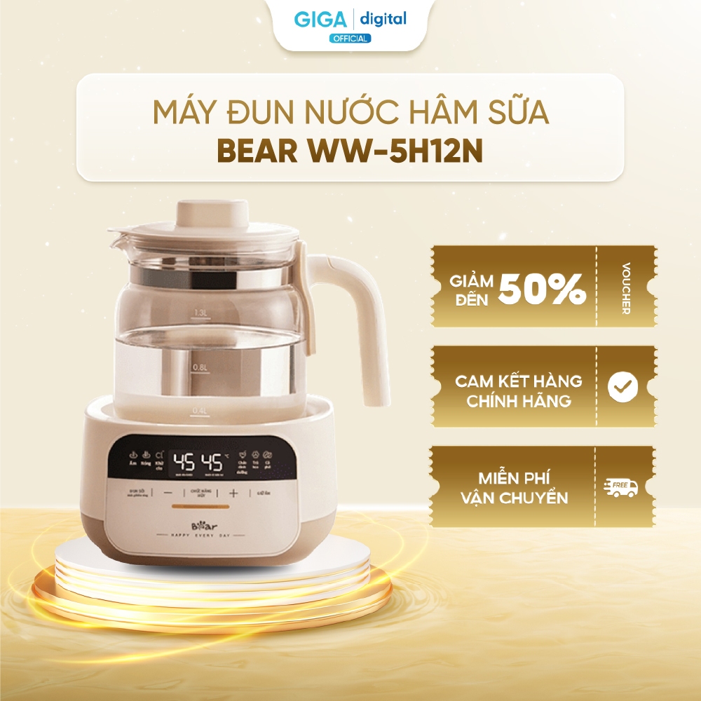 Máy đun nước hâm sữa 1.3L Bear WW-5H12N - 8 chế độ thông minh - Màn hình cảm ứng tiếng Việt