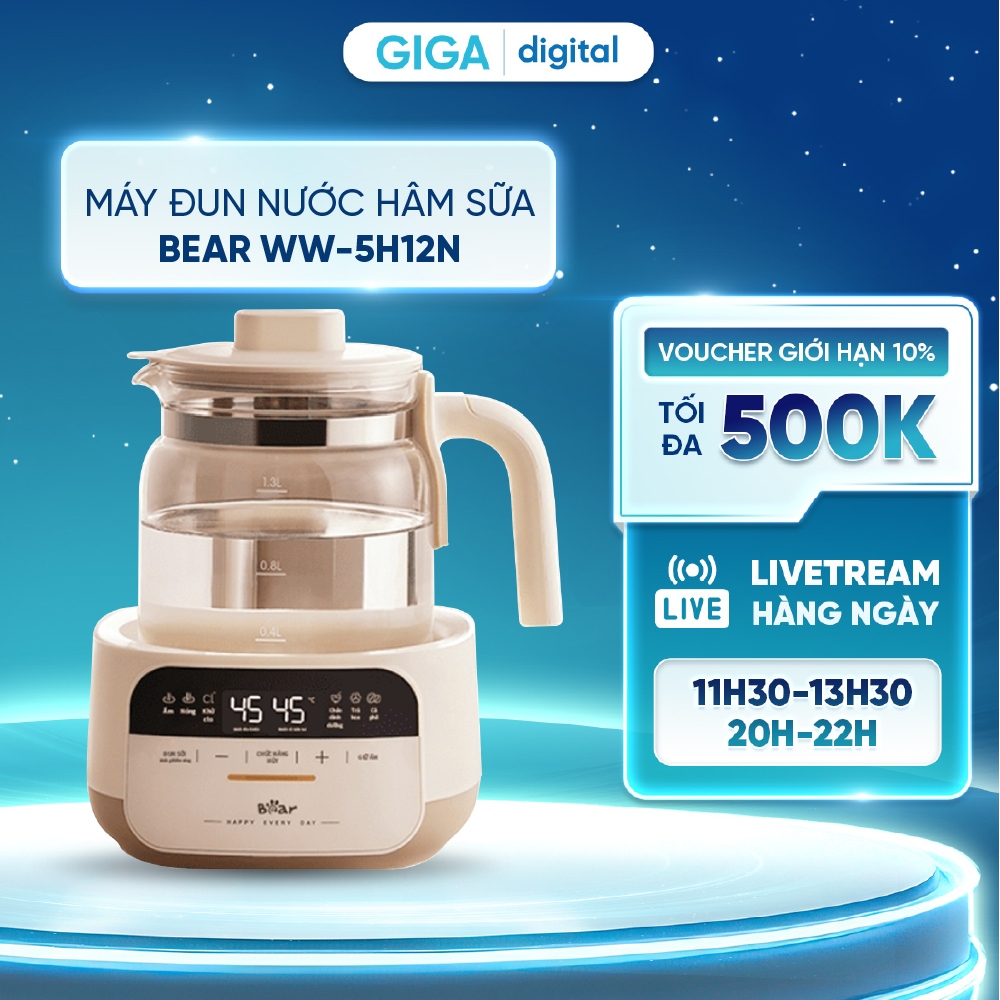 Máy đun nước hâm sữa 1.3L Bear WW-5H12N - 8 chế độ thông minh - Màn hình cảm ứng tiếng Việt