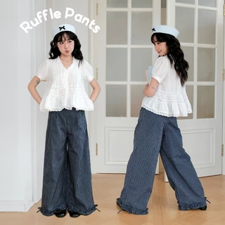 BLEUBIRD Quần kẻ sọc rúm bèo nơ gấu Ruffle Pants