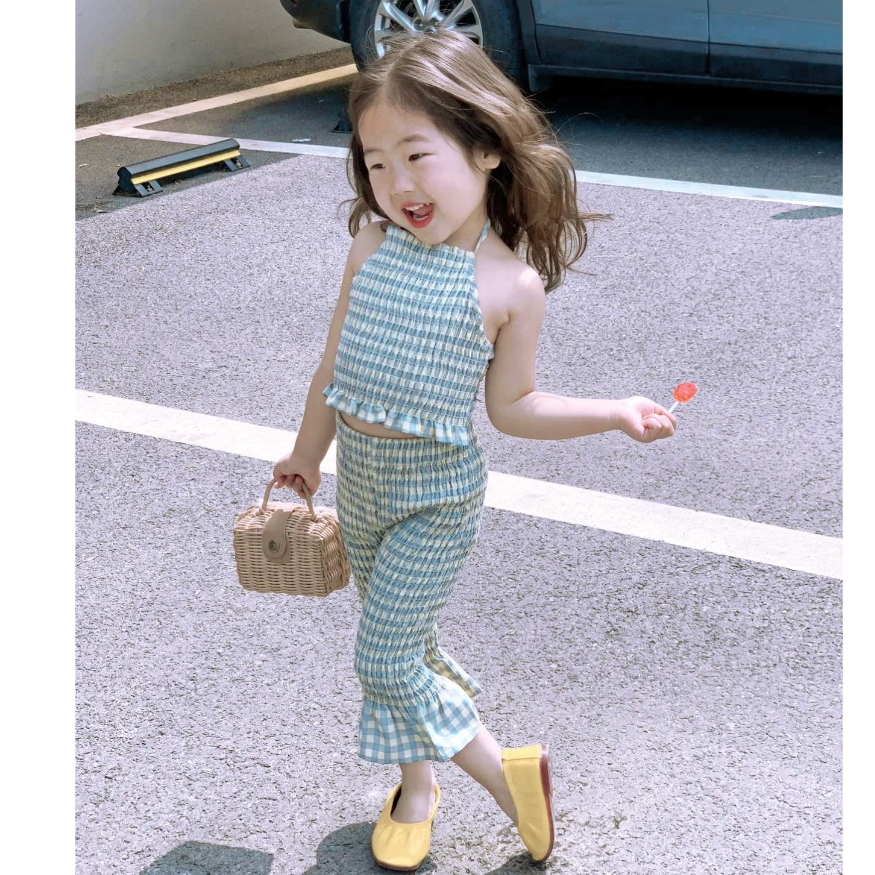 Set  Đồ Bé Gái, Set Áo Yếm Kẻ Caro Phối Quần Loe Bo Chun Cho Bé Gái Chất Liệu Cotton Thoáng Khí