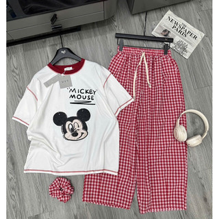 Set kèm quần kẻ tặng chun tóc