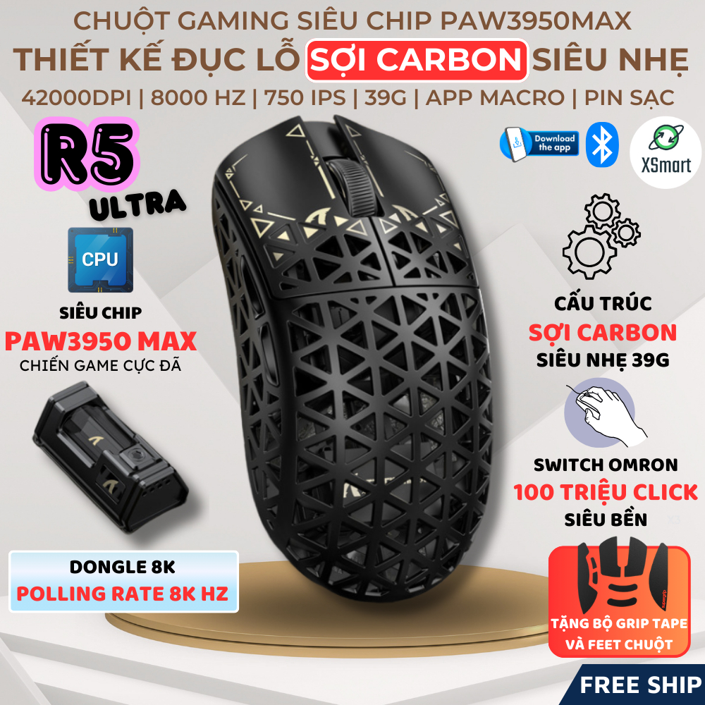Chuột Gaming Không Dây Attack Shark R5 Ultra Sợi Carbon PAW3950MAX DPI ...