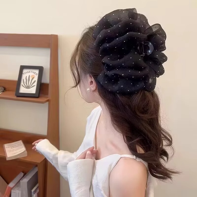 Kẹp tóc nơ càng cua bản lớn phủ voan đính đá lấp lánh – Phụ kiện tóc sang trọng cho nữ Hottrend