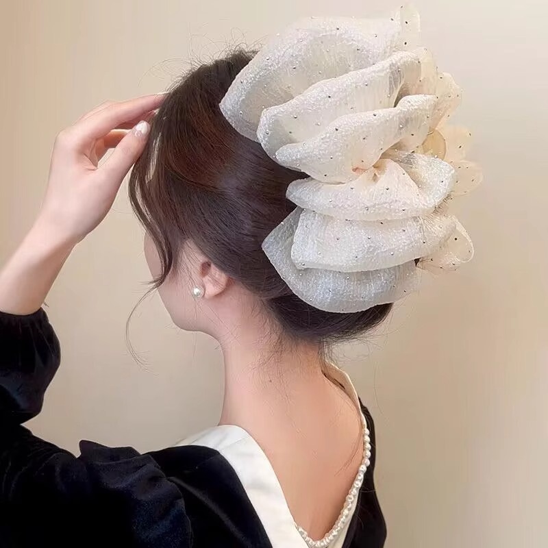 Kẹp tóc nơ càng cua bản lớn phủ voan đính đá lấp lánh – Phụ kiện tóc sang trọng cho nữ Hottrend